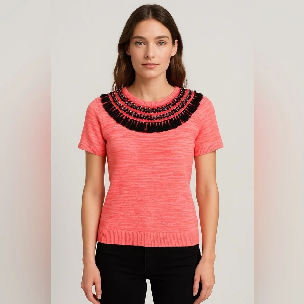 MILLY Knit Top Neon Pink Beaded Sz‎ Small/P